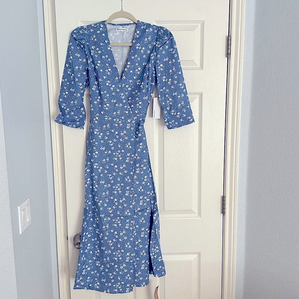 NWT Reformation Blue Floral Wrap Hilltop Dress